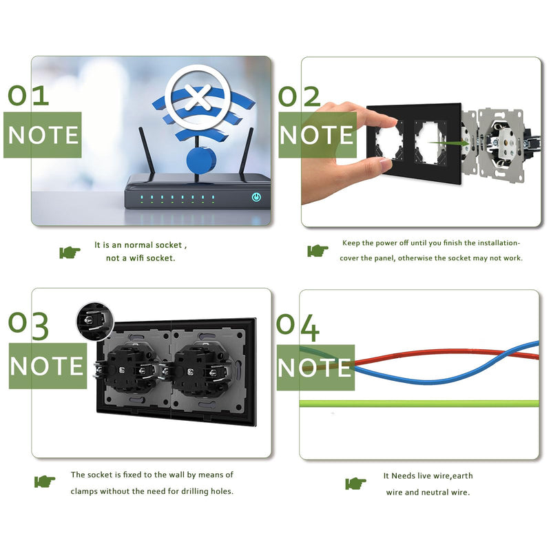 [AUSTRALIA] - BSEED 2-Way Socket with Waterproof Cover, Schuko Socket with Plug-In Terminal, Flush-Mounted Socket with Crystal Glass Plate, Double Socket, Built-in Socket, 16 Amp, Wall Socket, 157 mm, Black 2 compartments with waterproof cover 
