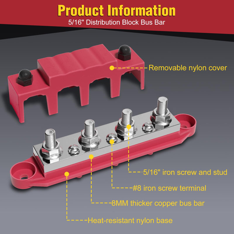 Mofeez 48V 400A Bus Bar 4 x 5/16” Post 3 x #8 Screw Terminal Power Distribution Block for Car Boat Marine (Red & Black) 4 x 5/16"