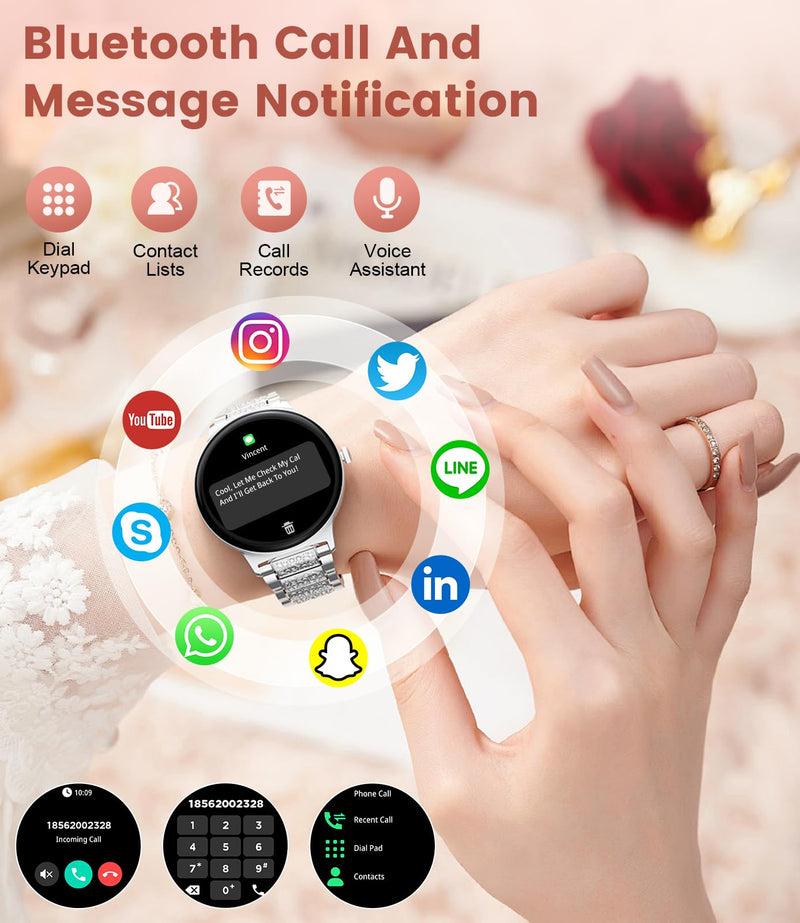 LIGE Ultra-Thin Smart Watch for Women,1.43" Always-on Display Smart Watch with Bluetooth Call,Health Tracker 100+ Sports Modes, Mutifuction Women Smartwatch for Android iOS 2 Straps(Silver) Silver