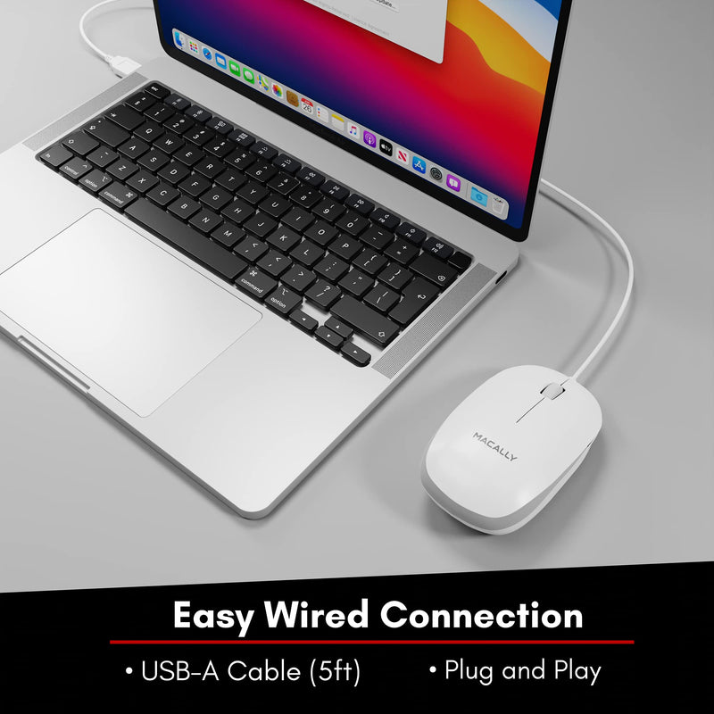 Macally USB Wired Mouse for Mac and Windows - Simple 3 Button Computer Mouse Wired, Scroll Wheel Layout with 5ft Cord - Simple Plug and Play USB Mouse for Laptop, Desktop, Notebook - White