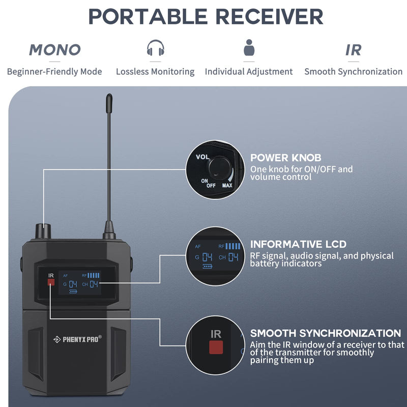 Phenyx Pro PTM-11/PTM-22 MONO Wireless in Ear Monitor System Bodypack Receiver, Performance with Adjustable Frequencies 1 receiver only