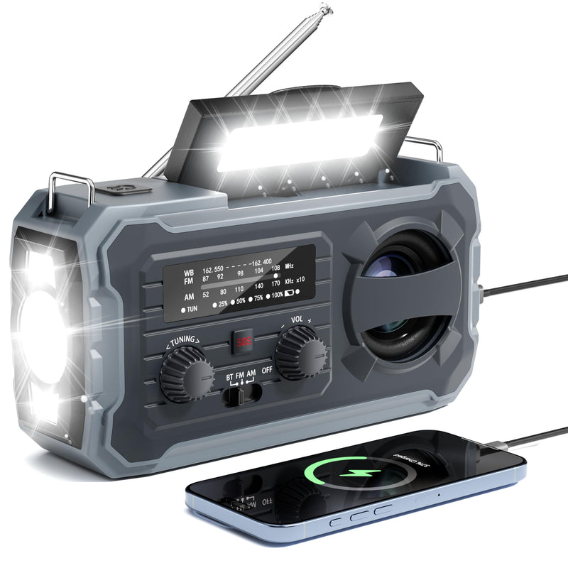 Hand Crank Emergency Radio, 10000mAh Weather Radio with AM/FM/NOAA, Solar Prower, SOS Alarm, Phone Charging, LED Flashlight, Portable Survival Gear for Outdoor & Home Emergencies Kits, Grey
