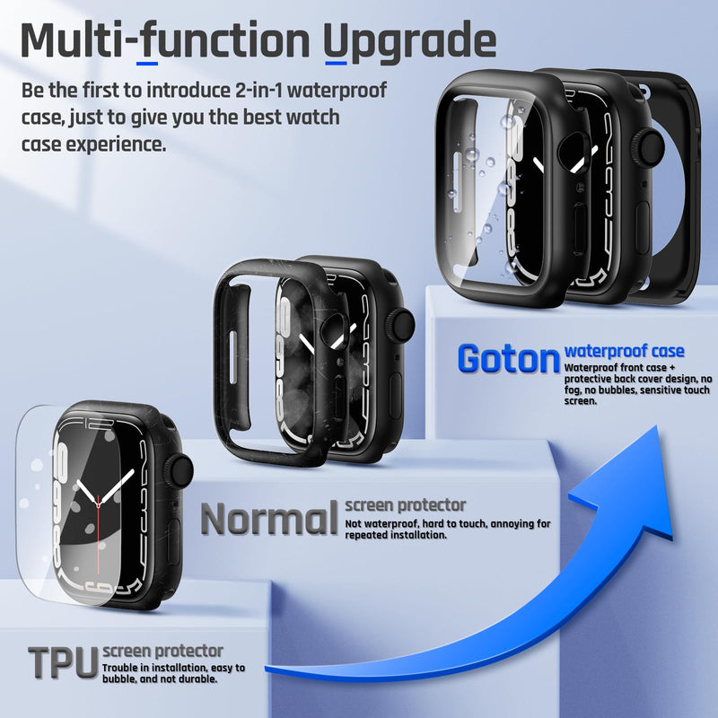 Goton 2 in 1 Waterproof Case for Apple Watch Series 9 8 7 Screen Protector 45mm, 360 Protective Glass Face Cover Hard PC Bumper + Back Frame for iWatch Accessories 45 mm, Black
