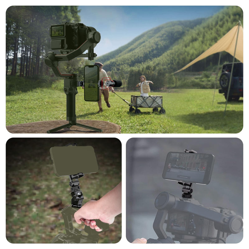 NEEWER Metal Phone Tripod Mount with Cold Shoe NATO Clamp Compatible with DJI RS5 RS4 RS3 Pro RS2 RSC2 Gimbal Stabilizer, 180° Tilt Phone Clip Holder Compatible with iPhone 15 Pro Camera Cage, GA010 GA010 with Nato Clamp