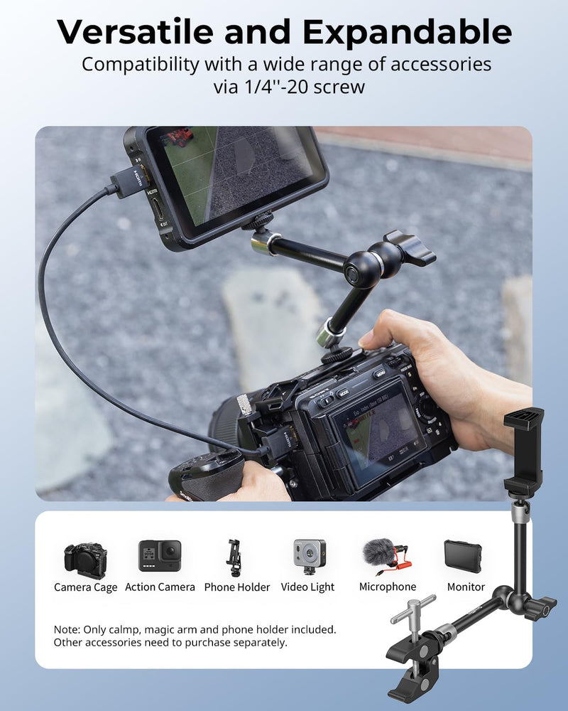 SmallRig Clamp w/ 1/4" and 3/8" Thread Holes, 9.8 Inches Adjustable Friction Power Articulating Magic Arm with Phone Holder for Action Cameras, Smartphones, LCD Monitor/LED Lights - 5326 9.8''+phone clamp