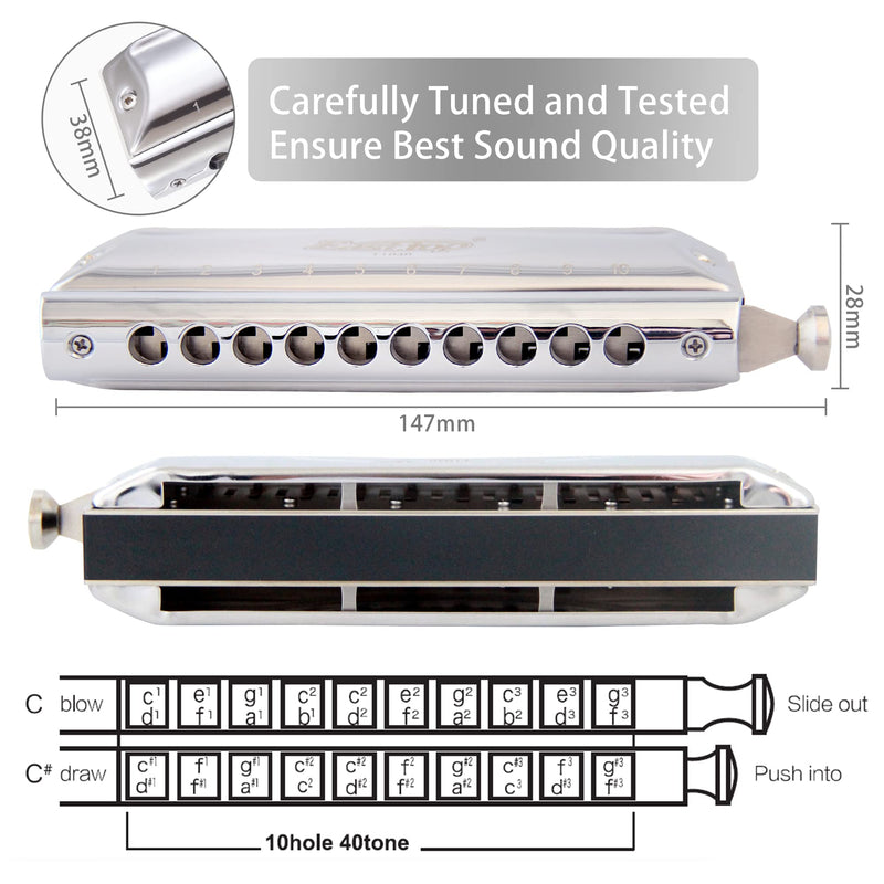 [AUSTRALIA] - Chromatic Harmonica Key of C,10 Holes 40 Tones Professional Mouth Organ with Slide for Beginners Adults, Professionals and Students by East top as a gift silver-40 
