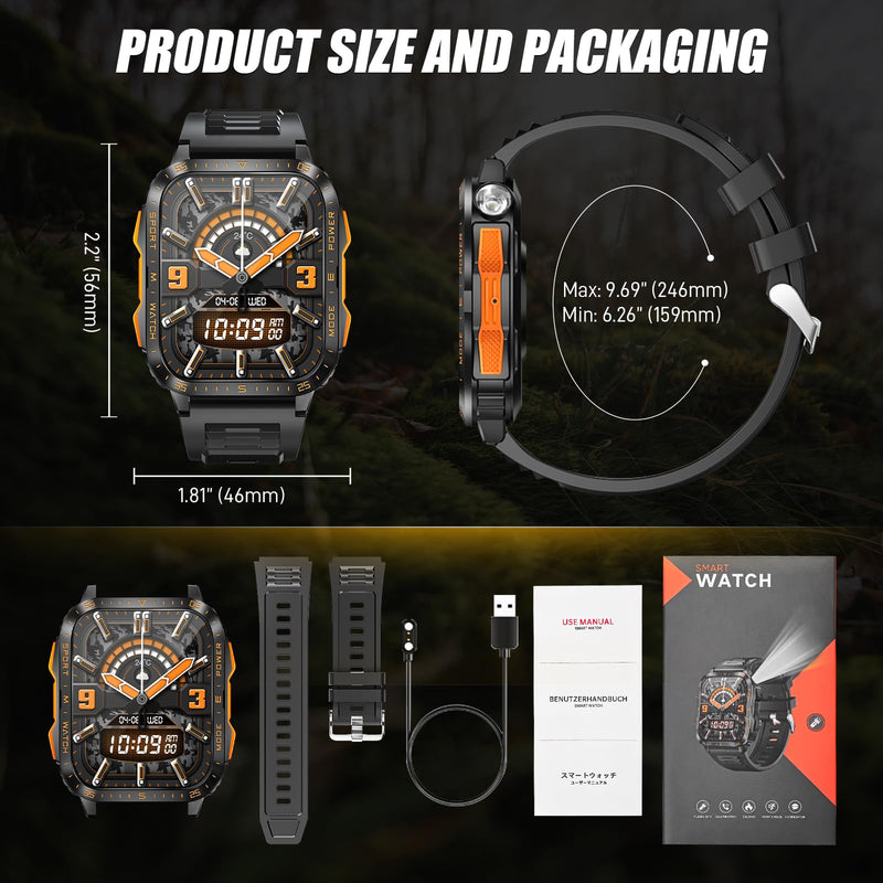 Military Smart Watch for Men with LED Flashlight/UV Light 3ATM Waterproof 1.96" Big Screen Rugged Tactical Smartwatch Fitness Tracker with HR/Sleep Monitor for iPhone Android (Two Watch Bands) | Bluetooth Call/3ATM Waterproof/110+ Sports Modes, HR/Slee...