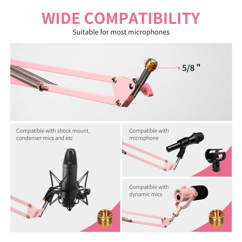FEELWORLD AMS1 Microphone Boom Arm, Adjustable Mic Arm Stand with 3/8” to 5/8” Screw, Compatible with PM1 and other Mics for Podcast Straming Gaming Studio （Pink) Pink