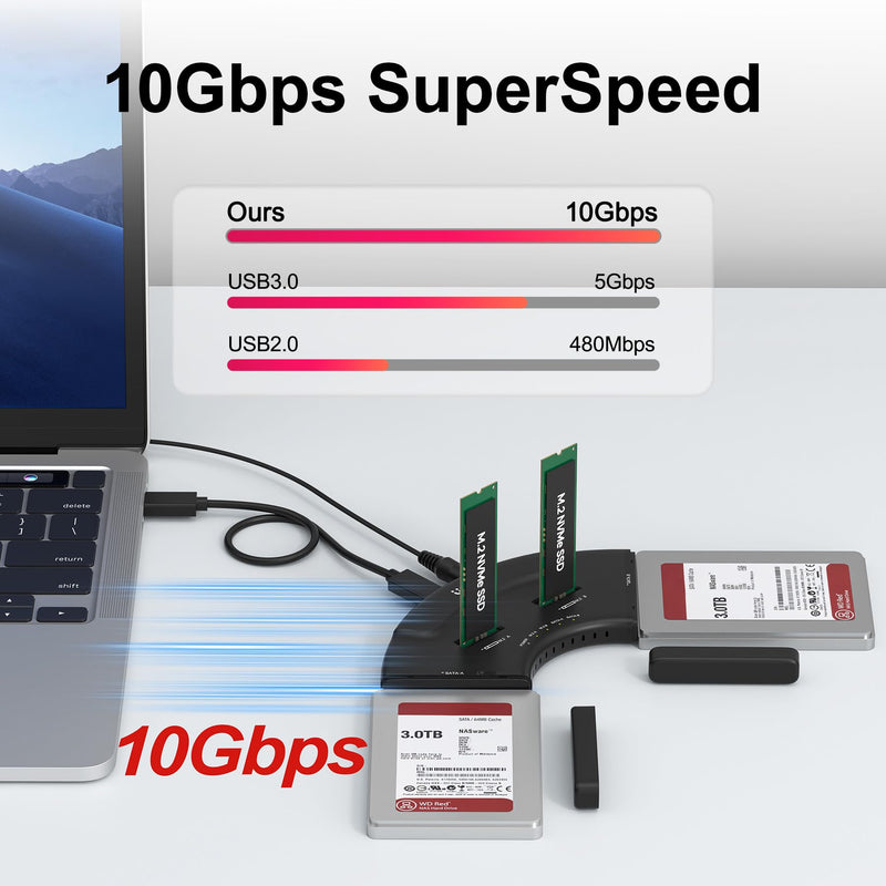 Unitek 4-Bay USB-C Adapter, 2X M.2 + 2X SATA, 10Gbps, Tool-Free | Simultaneous 4-Drive Access; 2 M.2 (NVMe/SATA) + 2 SATA (2.5/3.5"); Hot-Swap; UASP/TRIM; USB-C Cable & 12V Adapter Included Black USB-C M.2 & 2.5/3.5"
