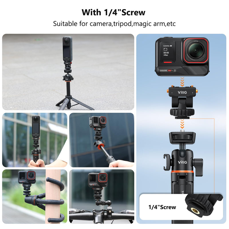 VRIG AC-44 Cold Shoe Adapter with Magnetic Quick Mount for Insta 360 Ace/Ace Pro 2, Action Camera Mount Adapter with 1/4" Thread Compatible DSLR Camera Hot Shoe, Tripod Accessories