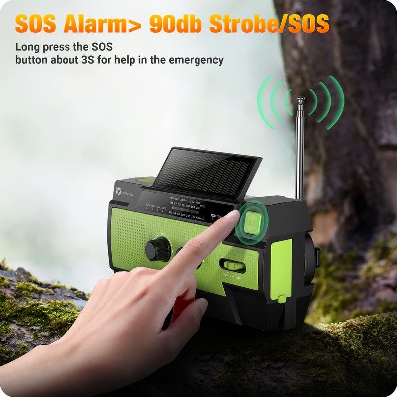 Emergency-Radio,Puiuisoul 4000mAh Weather Radios with Hand Crank & Solar Charging,3 Gear LED Flashlight,SOS Alarm, Portable Power Bank,AM/FM/NOAA,Motion Sensor Reading Lamp Olive Green