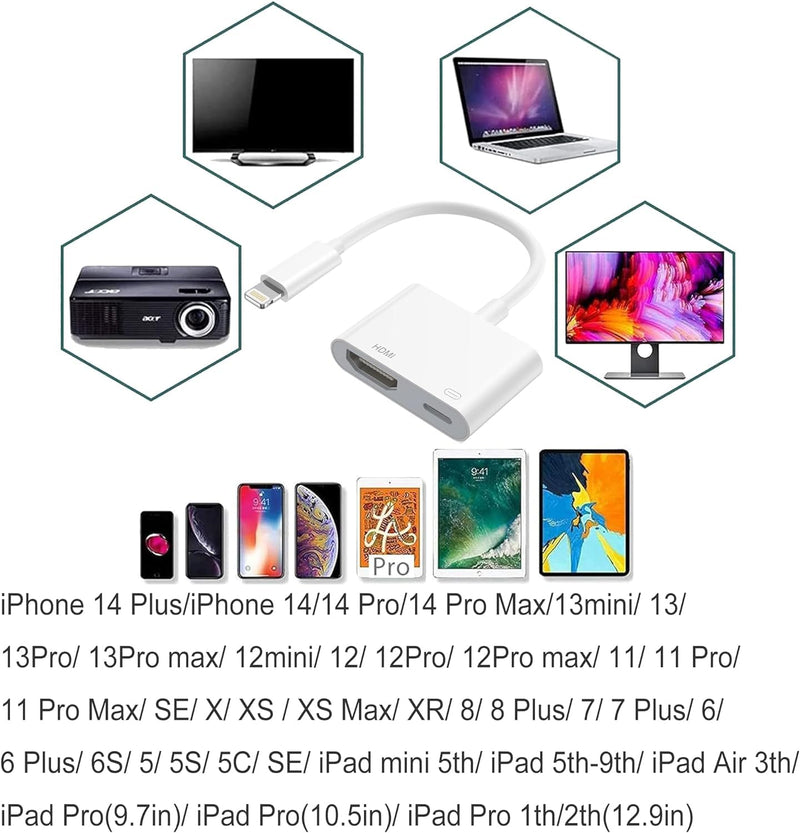 [Apple MFi Certified] Lightning to HDMI Adapter, No Power Needed 1080P Video & Audio Sync Screen Converter with Lightning Charging Port, iPhone to HDMI Adapter Compatible with iOS