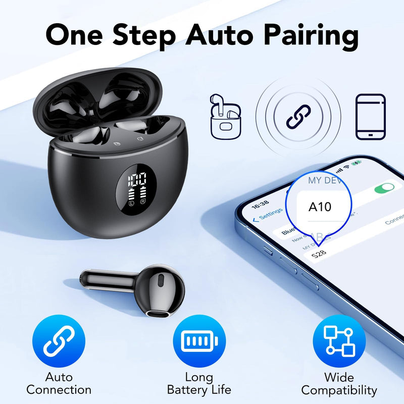 Wireless Earbuds, Bluetooth Headphones 5.4, 50H Playtime LED Display Deep Bass Ear Buds with 4 ENC Noise Cancelling Mic, IP7 Waterproof in-Ear Earphones for Phone Tablet Laptop Sports, Phantom Black