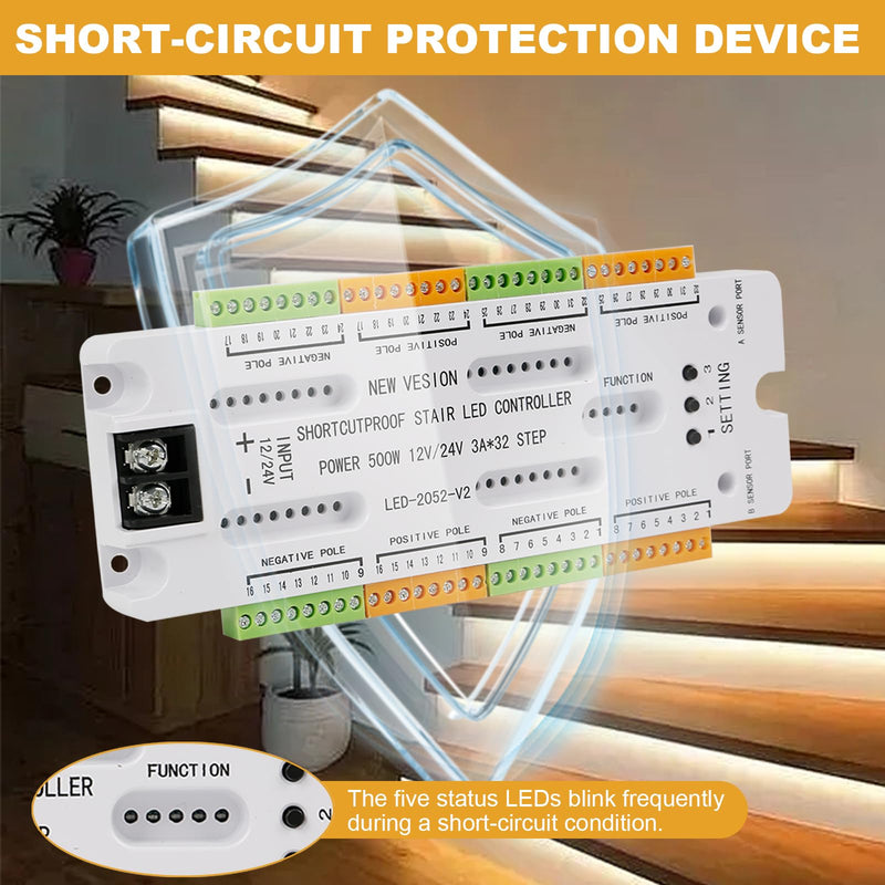 XLSBZ LED Stair Lighting Controller with Motion Sensor, 5 Modes, 32 Levels, Stair Light Control, LED Stair Light Controller
