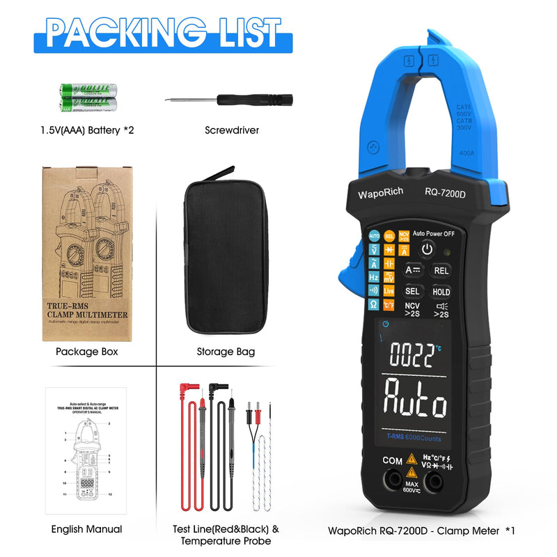 Digital Clamp Meter TRMS 6000 Counts Multimeter, WapoRich Ammeter Voltmeter Tester with Auto Range NCV Measures AC DC Voltage Current Resistance Continuity Capacitance Diodes Temp Frequency RQ-7200D
