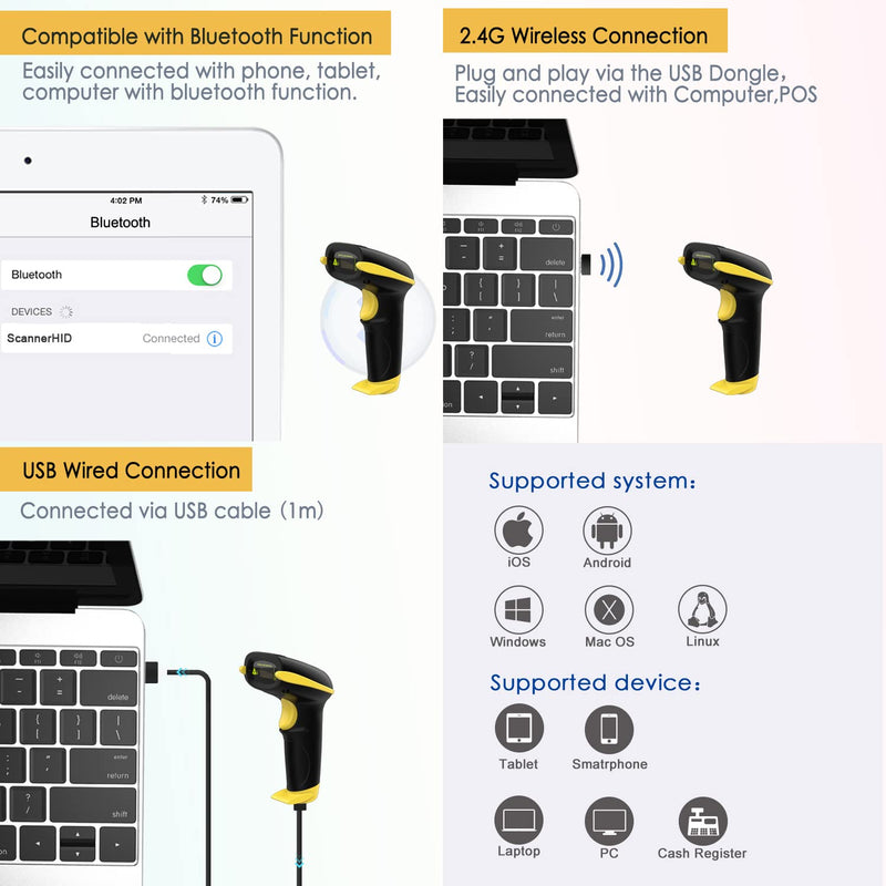 [AUSTRALIA] - NADAMOO Wireless Barcode Scanner Compatible with Bluetooth, Handheld USB 1D Cordless Laser Bar Code Reader for Inventory, Work with Windows/Mac OS/Linux Computer, Made for iPhone, iPad, and Android 