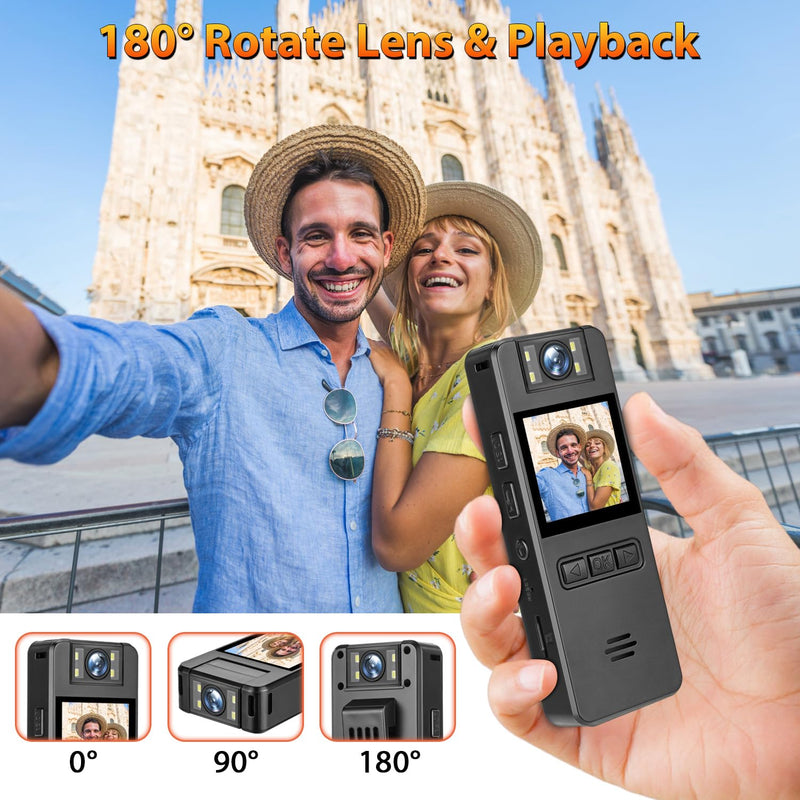 [AUSTRALIA] - 64GB Mini Body Cam,1080P Video Camera with 180° Rotating Lens,120° Wide Angle,Audio and Video Recording, Portable Compact Personal Camera Personal Civilians, Police Law Enforcement 