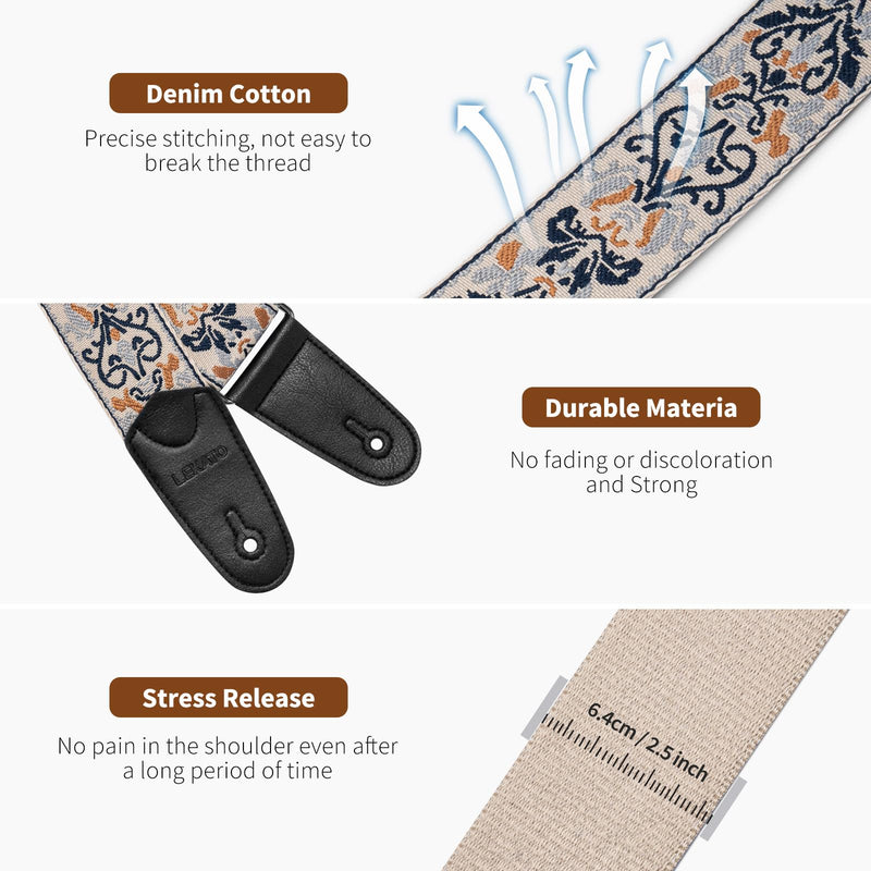 LEKATO Guitar Strap for Electric Bass Acoustic Guitar, Floral Jacquard Embroidery 2? Wide Guitar Straps Bass Strap Padded Guitar Straps with Picks & Blocks (Blue Flower White)
