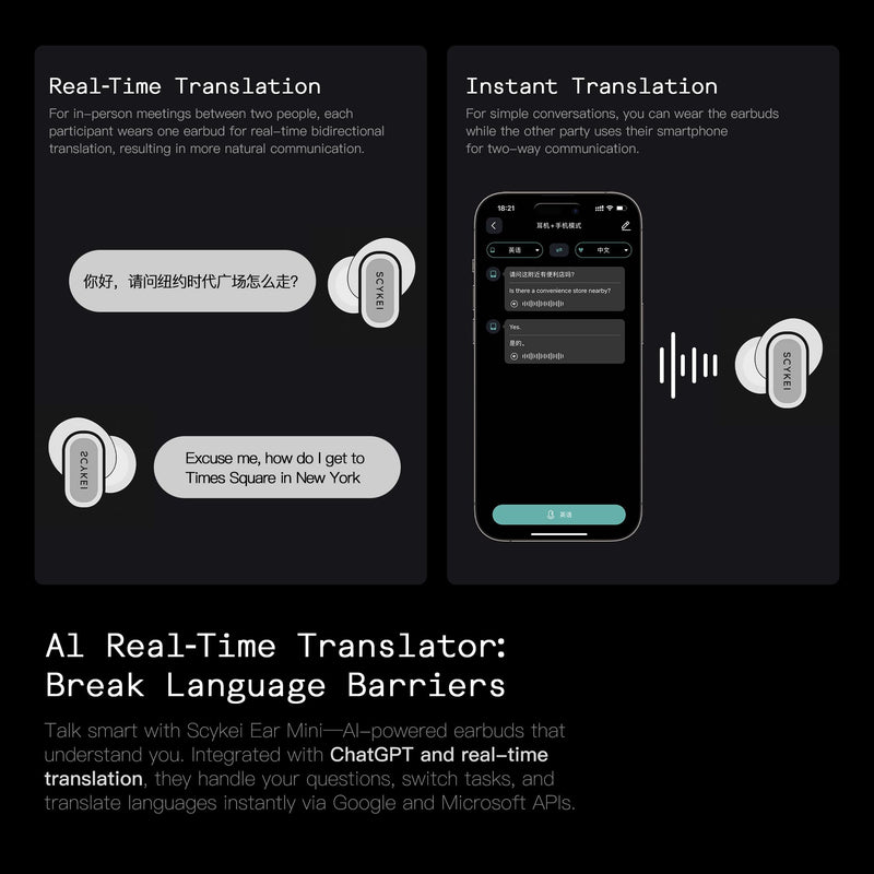 Wireless Earbuds, Bluetooth Headphones with AI Real-Time Translation, 165 Languages, in-Ear Earphones for Travel and Learning