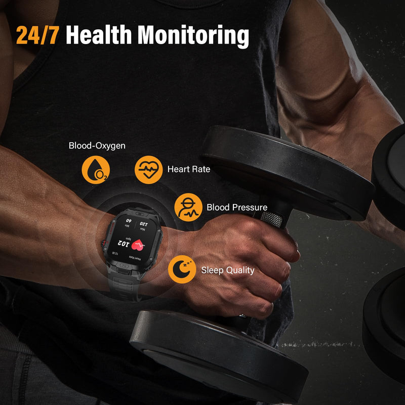 Military Smart Watch for Men, 2.02" Screen, 100+ Sport Modes, Android iOS | Heart Rate Blood Oxygen Blood Pressure Sleep, 100+ Sport Modes Fitness Tracker, Outdoor Sport Smartwatch with Flashlight Black