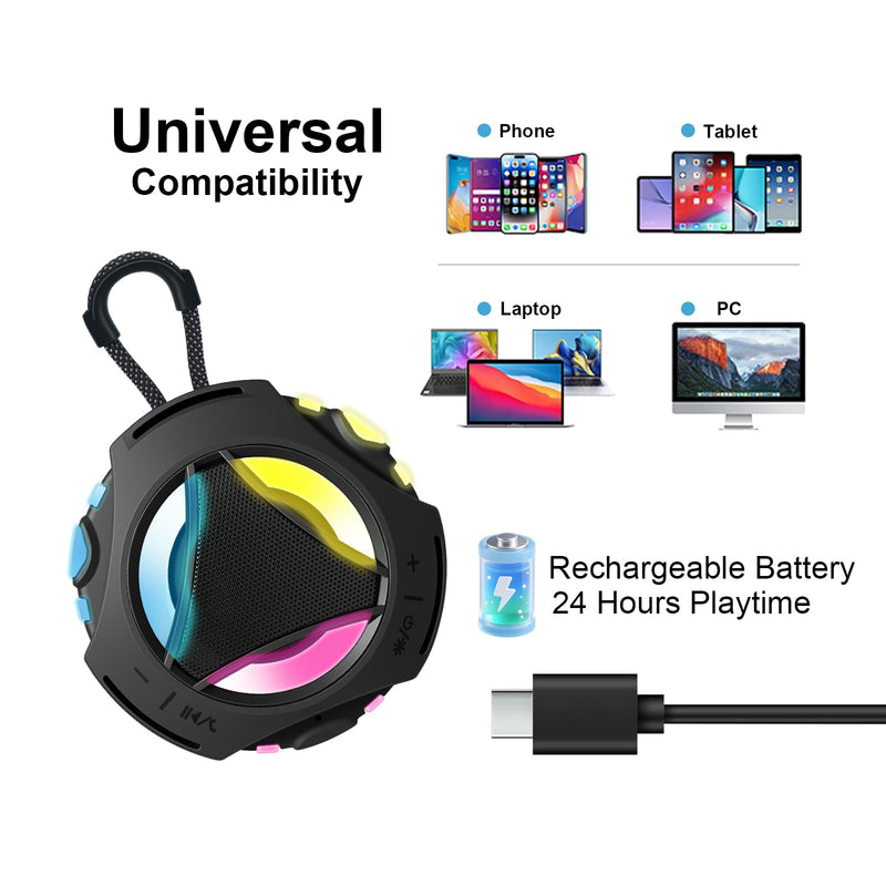 [AUSTRALIA] - Bluetooth Shower Speaker Waterproof, Portable Bluetooth Speakers Wireless, Outdoor, Floating IPX7, Built-in Mic, 24H Playtime with LED Lights, Loud HD Sound, Powerful Bass, Gifts for Unisex - Black 