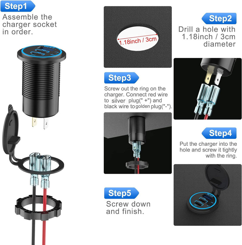 12V USB Outlet Wire USB Charger Multi Port, 3-Port Marine USB Fast Charger Waterproof Cigarette Outlet USB Replacement Aluminum