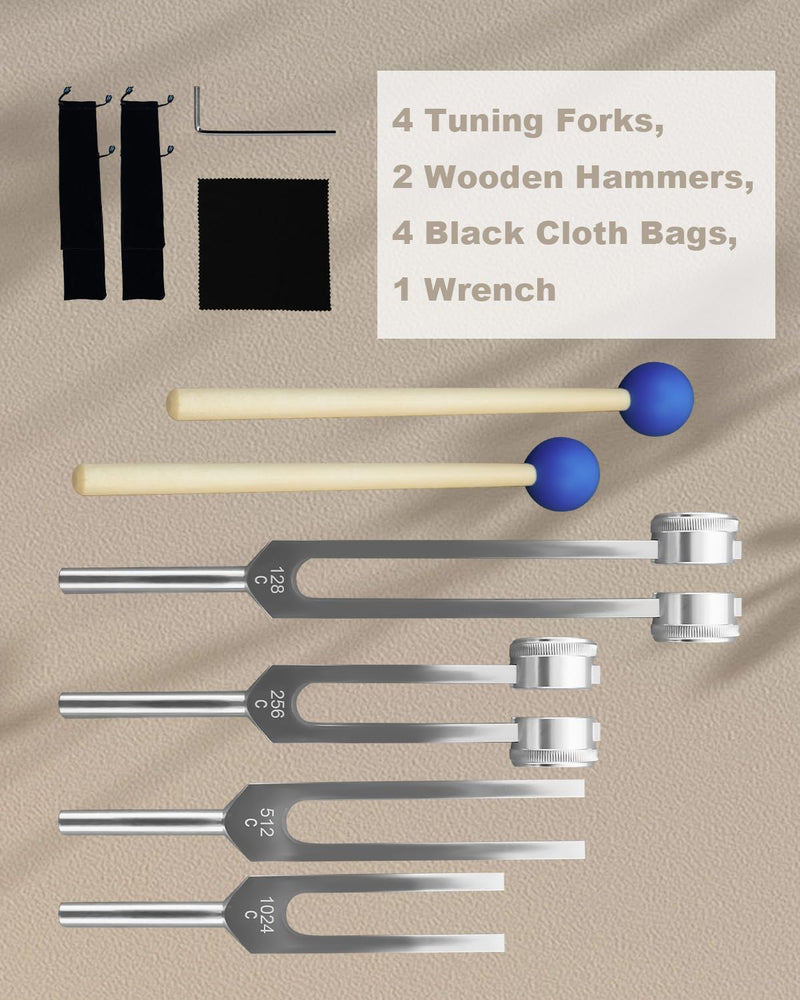 Aluminum Alloy Tuning Fork Set, 4 Tuning Forks & 2 Rubber Mallets & 4 Black Protective Bags, 128Hz 256Hz 512Hz 1024Hz Tuning Forks for Sound Yoga Meditation Relaxation