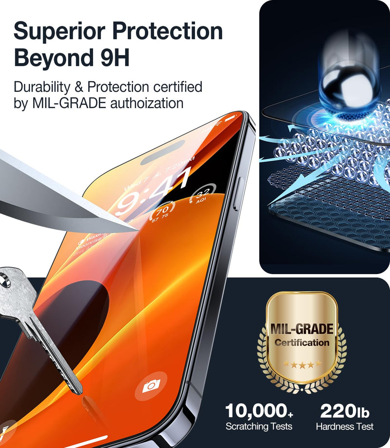 UltraGlass Top 9H+ Glass for iPhone 15 Pro Screen Protector [Military Grade Shatterproof & Longest Durable] Screen Protector 15 Pro Tempered Glass Full Coverage, 2 Packs 2-iPhone 15 Pro