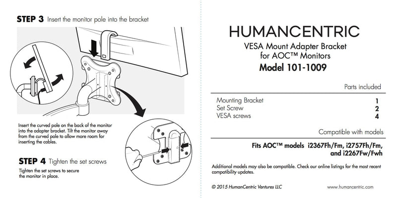 HumanCentric VESA Mount Adapter Bracket for AOC | Compatible with AOC i2367Fh/Fm/F, i2757Fh/Fm, i2067f, and i2267Fw/Fwh, VESA Mount Adapter Bracket One Pack-V2