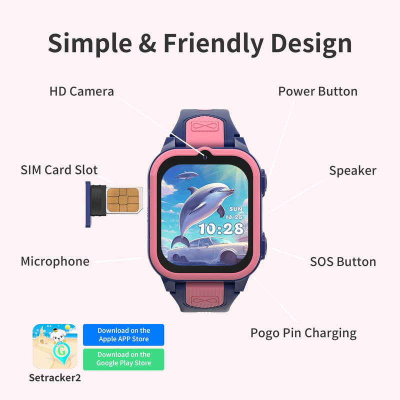 Citfis 4G Kids Smart Watches Girls with GPS Tracker & Phone Call, GPS Smartwatch for Kids Age 5-12 with SOS Calling, HD Camera Video Call Voice Chat Alarm Clock Pedometer Touchscreen (Pink) Pink