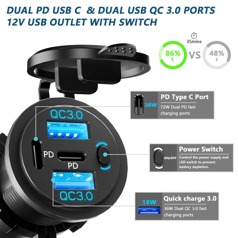 2PCS,Dual PD USB C Ports & Dual USB Quick Charge 3.0 Ports 12V USB Outlet with Switch, VANONE Waterproof and Dustproof Car Charger Socket, Accessories for Car Boat Marine Motorcycle RV ATV Golf Cart 2PCS-4PORT1SWITCH