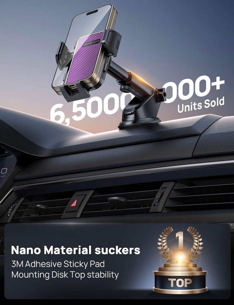 Air Vent Car Phone Holder, Anti-Vibration Grip, Wide Clamp, Metal Hook | Rotating smartphone cradle with one-press release and heat-resistant design; fits large phones with protective cases. Dash-Purple