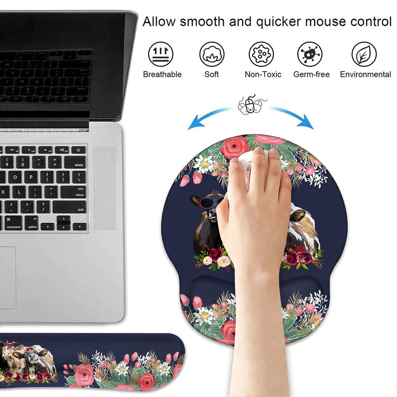 Keyboard Wrist Rest and Mouse Pad Wrist Support Set, Non-Slip PU Base Ergonomic Gaming Mousepad for Home Office Working Studying Easy Typing & Pain Relief - Floral Quote Funny Cows Combination