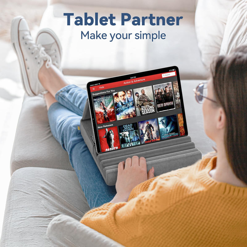 [AUSTRALIA] - KDD Tablet Pillow Holder, Foldable iPad Stand for Lap, Bed and Desk -Tablet Soft Pad Dock with Pocket & Stylus Mount Compatible with iPad Pro 12.9, 10.5, 9.7 Air Mini 6 5 4 3, Galaxy Tab, E-Reader Gray 