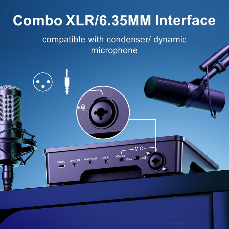 Gaming Sound Board Audio Interface Voice Changer for PC PS4 PS5 Streaming Mixer Soundboard Compatible with XLR Condenser/Dynamic Microphone