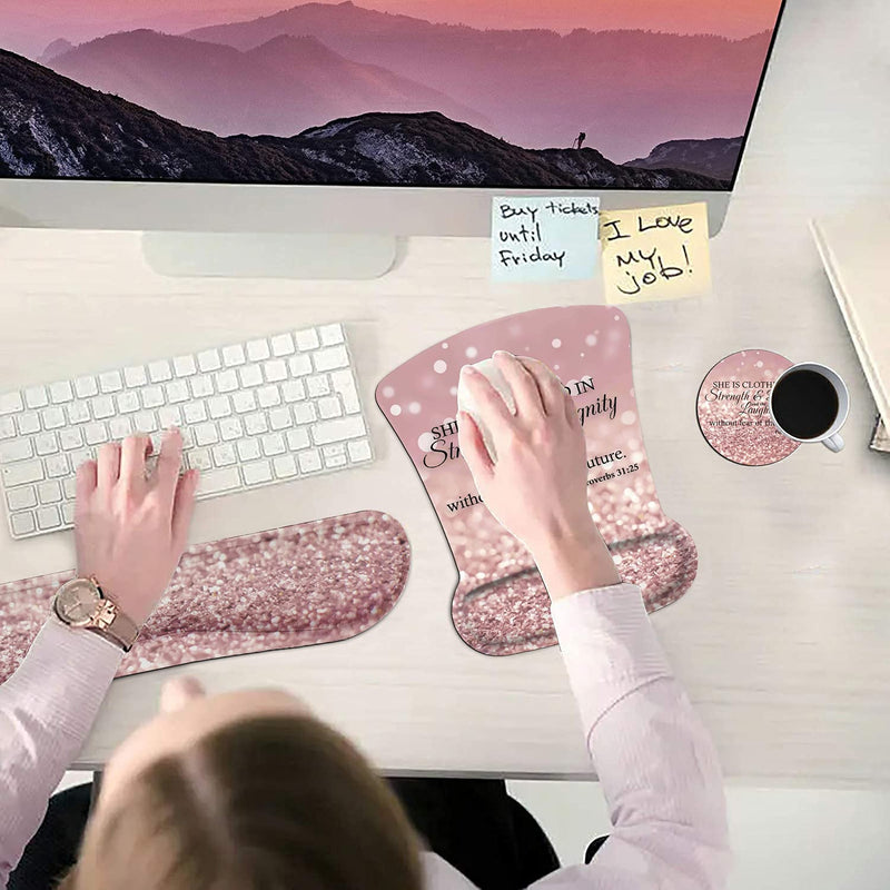 Ergonomic Mouse Pad Wrist Support Gel and Keyboard Wrist Rest Set Proverbs 31:25,Bible Verse Pink Glitter Design for Laptop, Mac, Gaming and Office, Durable, Comfortable and Pain Relief + Coaster Yu-mousepad-2-3
