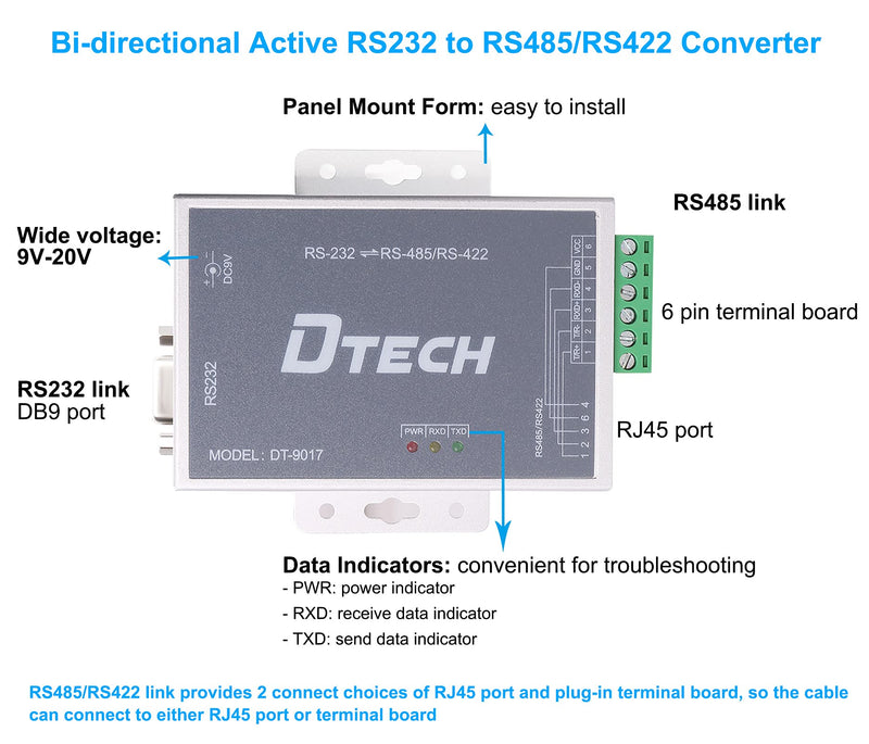 DTECH Bi-Directional Active RS232 to RS485 RS422 Serial Converter with Surge Protection 600W 15KV ESD DB9 to RJ45 Phoenix Contacts Adapter Power Supply TX RX LEDs for Long Haul Data Communication