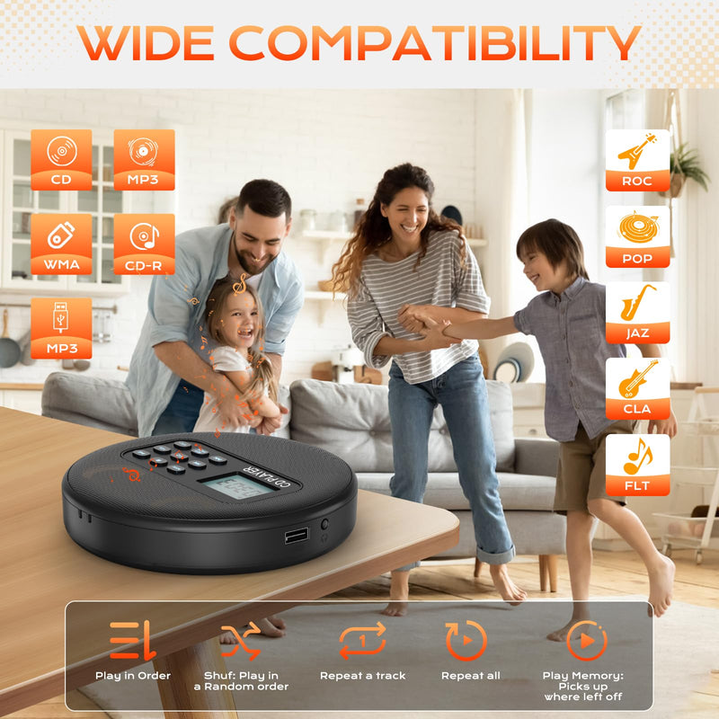 Portable CD Player with Speakers:Rechargeable Walkman CD Player for Car with Anti-Skip Protection,Discman CD Player with Headphones,Plays Recorded MP3/Audiobook/CD/USB with Memory,Backlit.