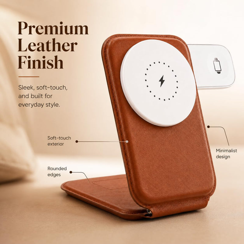 Trio 3-in-1 Wireless Charging Station for iPhone 12 and Newer, Apple Watch and AirPods, Foldable MagSafe-Compatible Charger Stand, Compact Leather-Look Travel Dock, Brown