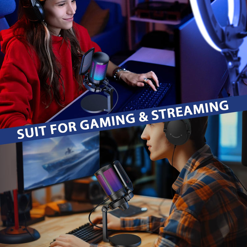 AmpliGame Fifine USB Microphone for PC Gaming, Computer Desktop Streaming Microphone with Mute Button, Gain Knob for Video Podcast, RGB Mic for PS4/PS5, Laptop A6NEO