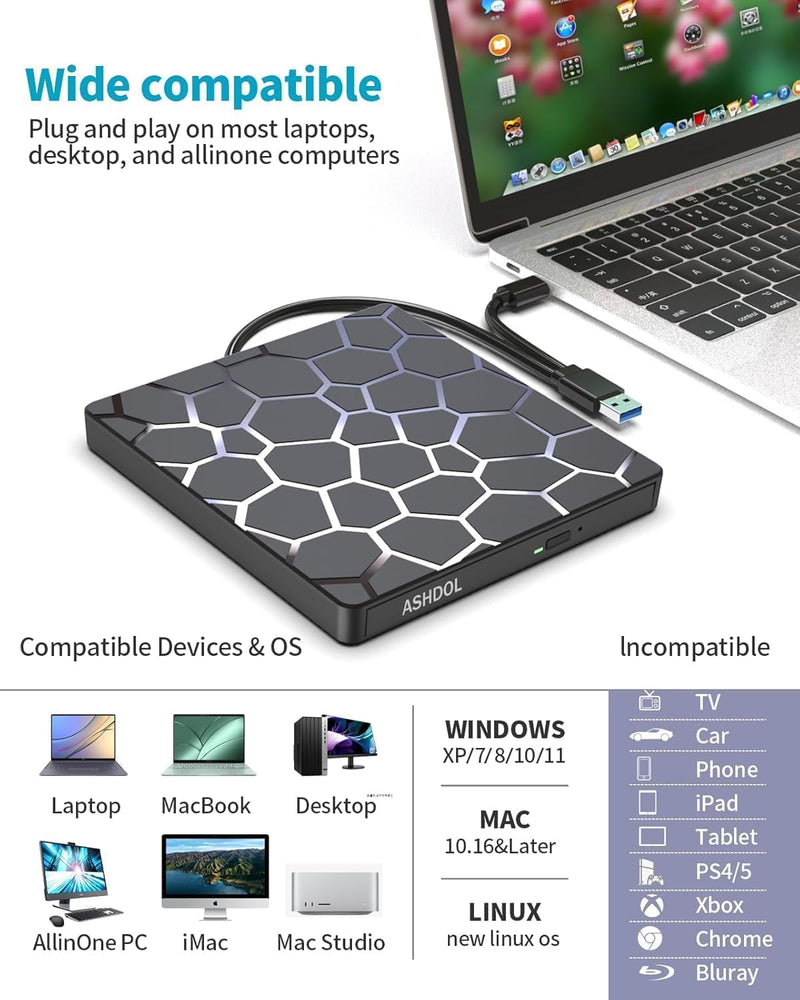 8 in 1 External CD DVD Drive USB 3.0 and Type-C Disc Reader Burner Player | Optical Drive for PC Laptop Desktop MacBook Mac Windows Linux OS Apple 8 in 1