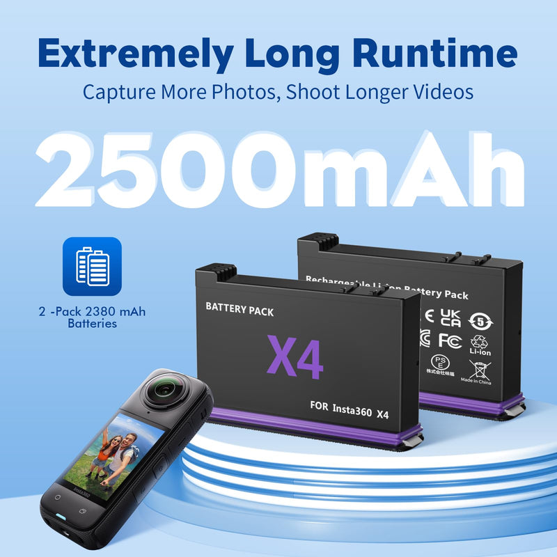 360 X4 Battery(2 Packs) with Fast Battery Charger Hub for Insta360 X4,2-Channel Quick Battery Charging Storage Station
