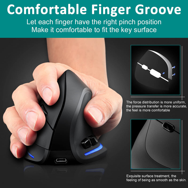 Wireless Mouse Tri-Mode (BT 5.0/3.0+2.4GHz), TRELC Ergonomic Vertical Mouse with 3 Adjustable DPI, Rechargeable Optical Wireless Mouse for 3 Devices, 7 Buttons for PC, Desktop, Laptop, Tablet (Black) Tri-Mode (BT 5.0/3.0+2.4GHz)