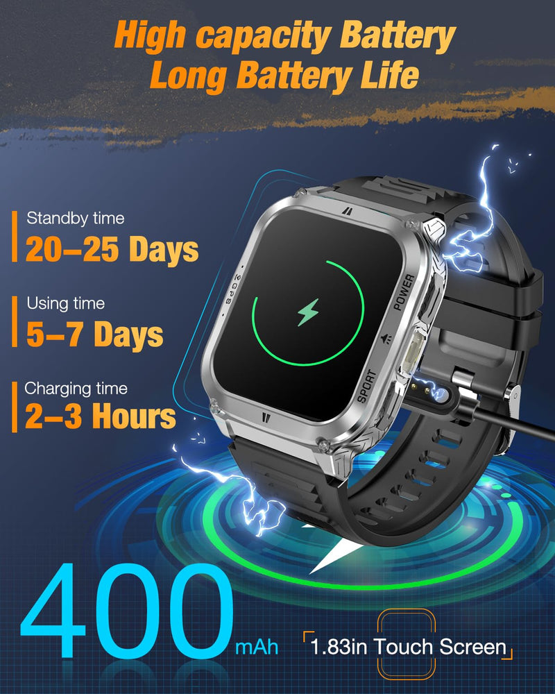 Rugged Durable Smartwatch for Men - 1.83" AMOLED Touchscreen, GPS Map | Military-Grade Tactical Watch, Bluetooth Calling, 7-Day Battery Life Silver