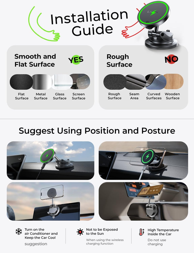 LISEN 15W MagSafe Car Mount Charger, Magnetic Wireless Car Phone Holder | [Easiest Mount] 96LBS Vacuum Suction Car Mount, 360° Magnetic Phone Holders for Your Car, for iPhone 17-12, Pixel 10, Samsung Black 1 Pack