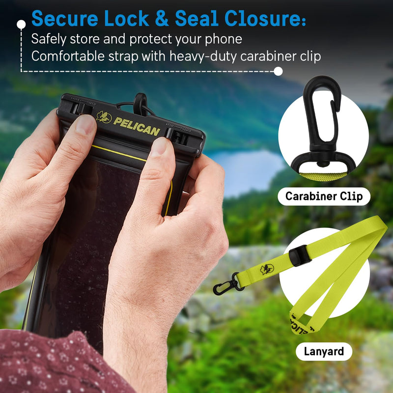 Pelican 4 Pack Marine Waterproof Phone Pouch (Regular) -Black/Hi-Vis Yellow | Touchscreen IP68 Floating Waterproof Phone Case w/Detachable Lanyard - Fits All Phones - Beach Cruise Ship Travel Essentials Black/Neon - 4 Pack - Regular