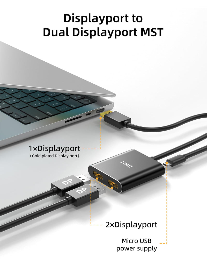 Displayport to Dual Displayport Splitter Adapter,4K60Hz MST Displayport hub 1 in 2 Out Display Port for Dual Monitors,DP1.4 Display Port Splitter for Desktop, Laptop,Extend Display