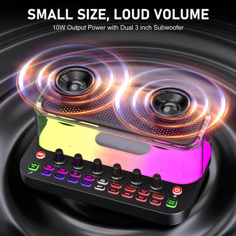 SY11 Portable Live Streaming Sound Card Mixer, Mini Bluetooth Karaoke Machine w/ 2 Wireless Microphone, RGB Lights & Voice Change Sound Effects, Easy Set up Bluetooth Audio Podcast Equipment for PS5 SY11