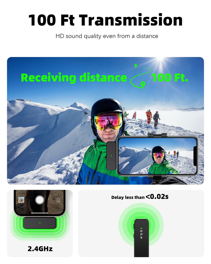 Wireless Lavalier Microphone for iPhone with Noise Cancellation, 100ft Transmission, 18H Battery Life, Wireless Lapel Microphone for Video Recording