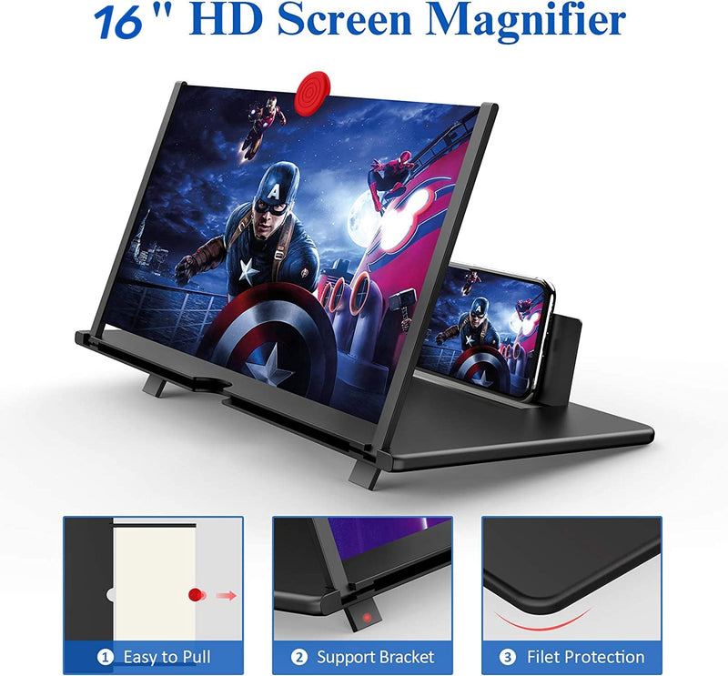 16" Screen Magnifier – 3D HD Cell Phone Magnifing Screen Enlarger Projector for Movies Videos and Gaming – Foldable Phone Stand Holder with Screen Amplifier Compatible with All Smartphones Black -16 Inch